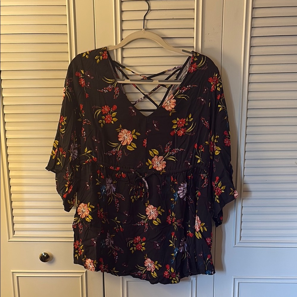 Torrid Black Floral Blouse with 3/4 Sleeves